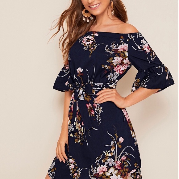 Off The Shoulder Floral Print Tie Curved Hem Dress - Picture 5 of 6